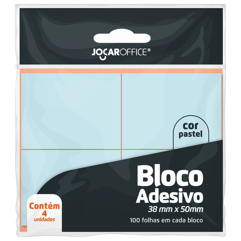 BLOCO ADESIVO AZUL PASTEL 38MMX50MM - OPPBAG C/ 4 BLOCOS 100F CADA JOCAR OFFICE